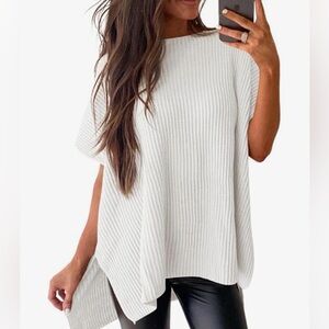 White Ribbed Knit Poncho Top